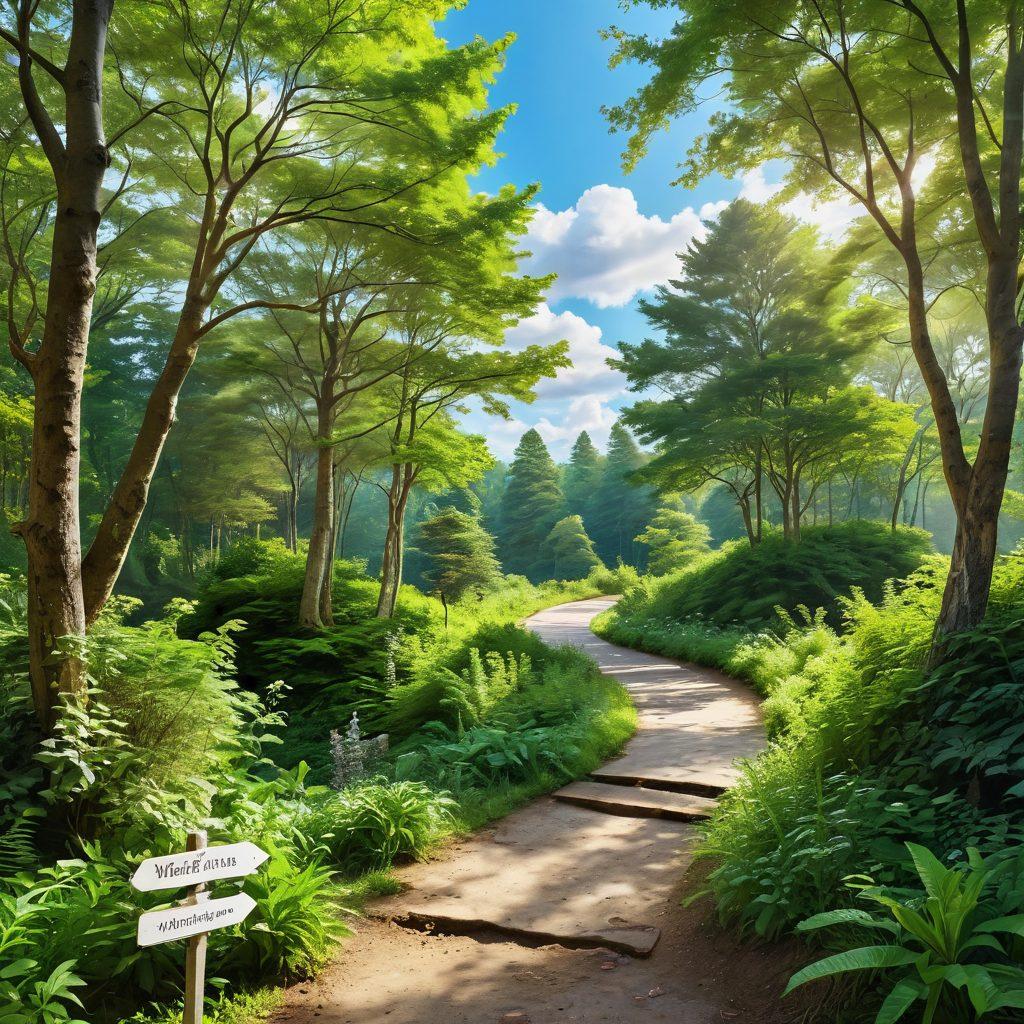 A serene landscape featuring a path winding through a lush green forest, with signs pointing to various wellness destinations like 'Meditation', 'Nutrition', and 'Exercise'. Include diverse people of different ages practicing mindfulness, yoga, and healthy cooking along the path. A bright sky with soft clouds and sunlight filtering through the trees to create a calm atmosphere. super-realistic. vibrant colors. peaceful ambiance.