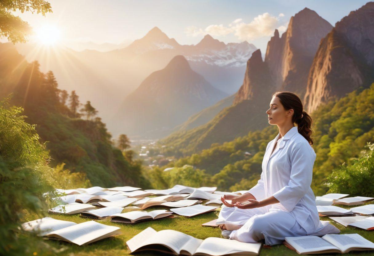 A serene landscape featuring a diverse group of physicians in white coats sharing insights with an engaged audience. In the foreground, a person practicing yoga with wellness books scattered around them. Lush greenery symbolizing health and vitality, with soft sunlight illuminating the scene. The background showcases mountains, symbolizing challenges being overcome. vibrant colors. super-realistic. natural light.