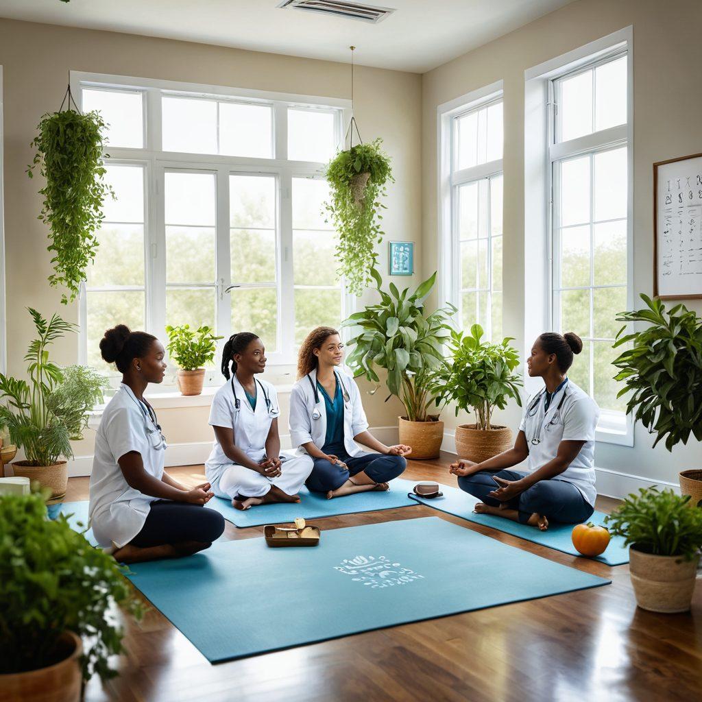 An inviting scene featuring a diverse group of doctors engaged in a discussion, surrounded by symbols of wellness like plants, a yoga mat, and healthy foods. Bright sunlight filtering through a window brings warmth to the atmosphere, depicting empowerment and support. Include elements like inspirational quotes and patient-friendly resources scattered around. A harmonious blend of soft blues and greens to evoke calmness and positivity. super-realistic. vibrant colors. white background.